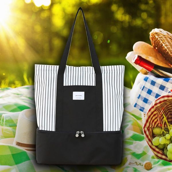 

fashion picnic box striped tote lunch bag single shoulder pouch cooler thermal insulated dual compartment storage handbag, Blue;pink