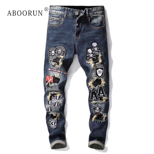 

aboorun men's fashion punk jeans skull embroidery ripped jeans hi street brand streetwear for male x2337, Blue