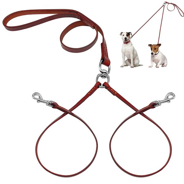 

новый дизайн 2-х сторонняя натуральная кожа муфта собака прогулка поводок dual no tangle lead для 2 собак, хороших для маленьких средних пор