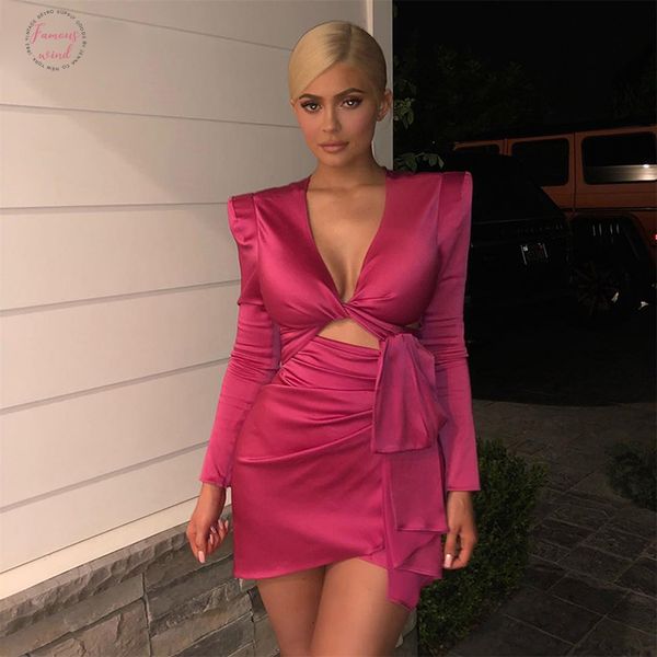 

red satin rose kyliejenner wrap bandage dress women bodycon autumn dress vestidos mini party dresses elegant, Black;gray