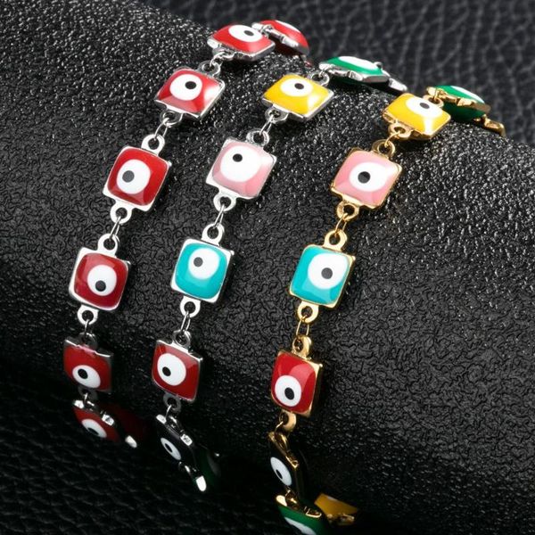 

7mm wide evil eyes bracelets protect the one you love women stainless steel square ankle bracelets with extension chain, Black