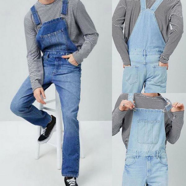 

2019 popular men's ripped jeans jumpsuits hi street distressed denim bib overalls for man's jeans suspender pants size s-3xl, Blue