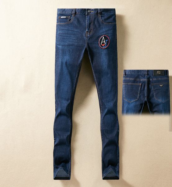 

spring and summer new european station brand jeans men's elastic business casual straight pants mid high waist men jeans, Blue