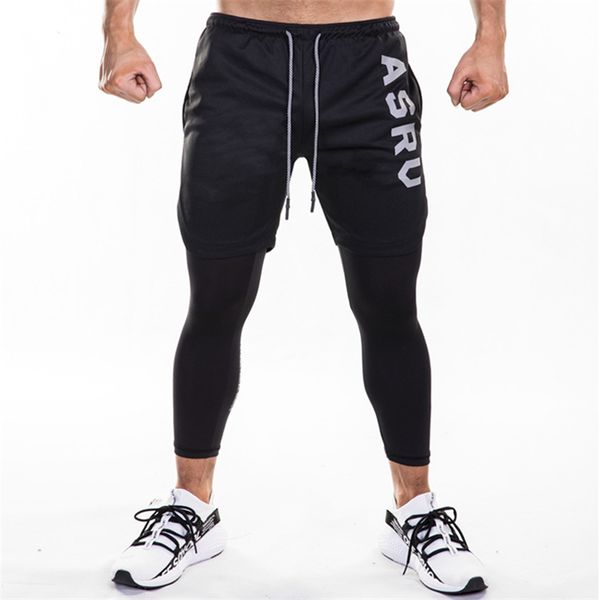 

2019 new sweatpants men's quick dry breathable false 2 pieces of nine-point pants outdoor running fashion fitness tight trousers, Black