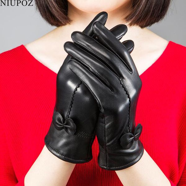 

female genuine leather sheepskin butterfly knotl gloves bow real leather women mittens lady winter thick warm driving glove g198, Blue;gray