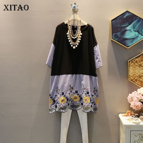 

xitao] 2019 new europe prairie chic floral short sleeve o-neck fashion patchwork dress women summer knee-length dress xj1422, Black;gray