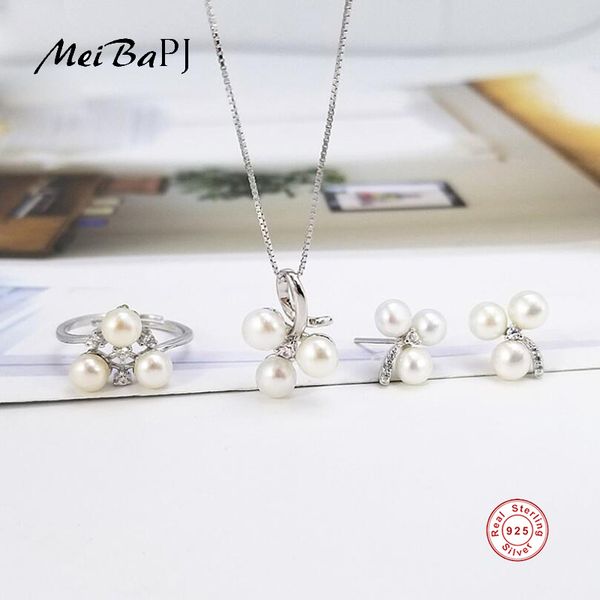 

meibapj]simple personality fashion flower shape pearl set s925 silver earrings & necklace & ring fine jewelry sets for women, Slivery;golden