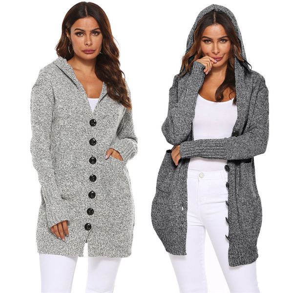

women's jacket style double pocket single breasted plus thick knit cardigan warm hooded coat long sleeve 19ss sweater coat, White;black