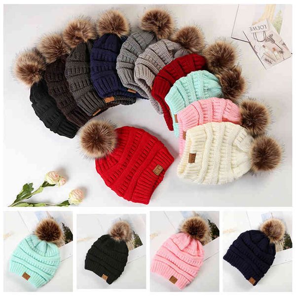 

Large ball winter wool warm women knitted cc hat fur pom pom crochet beanie ki cap bobble fleece cable louchy kull cap 12color 20pc