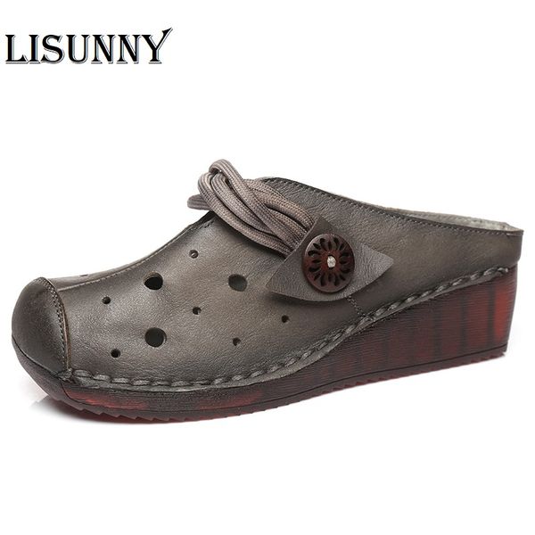 

lisunny women summer slipper 2020 retro ethnic style genuine leather women shoes sandals wedges slides handmade hollow, Black