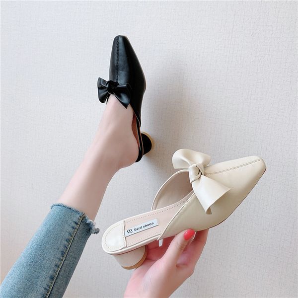 

cover toe shoes ladies' slippers slipers women low female mule butterfly-knot square heel 2020 mules block slides pu hoof heels, Black