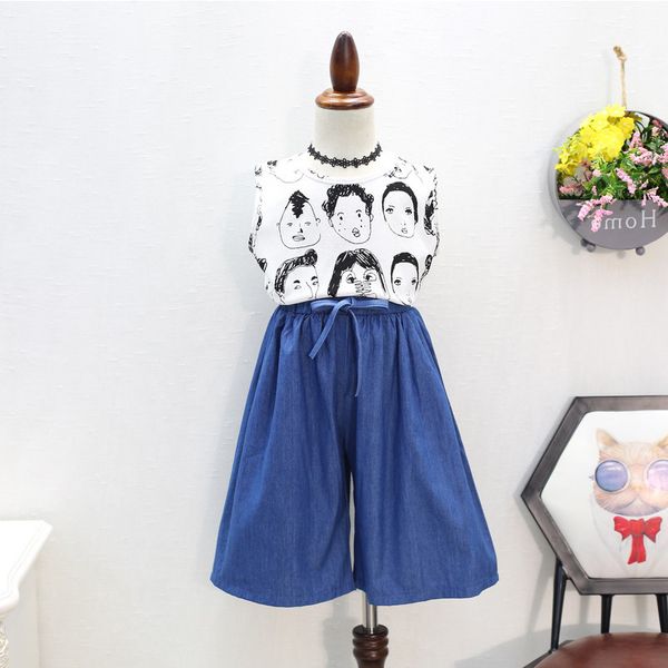 

new 2020 girl summer kids girls clothing sets cartoon head print vest + thin denim wide leg pants suit children girl clothes, Red;yellow