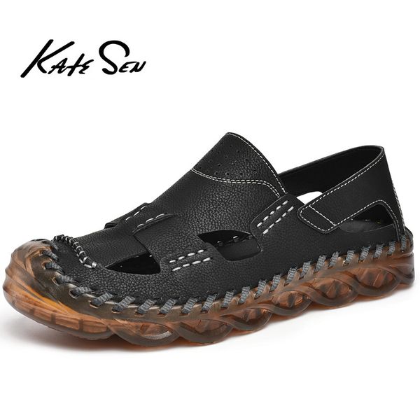 

summer genuine leather men's sandals handmade classic men slippers walking beach sandalias outdoor men roman sandals size 38-46 t200420, Black