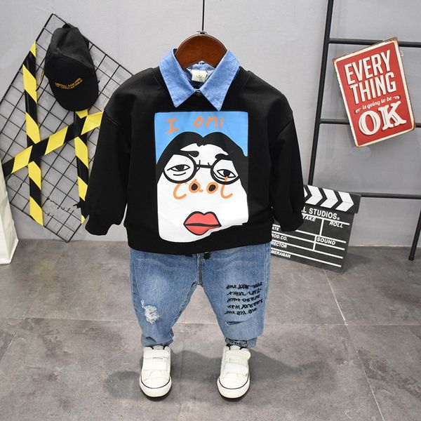

children clothing spring and autumn boy cotton long-sleeve t-shirt and jeans suit 2pcs boys set kids boys clothes sets 2-6years, White
