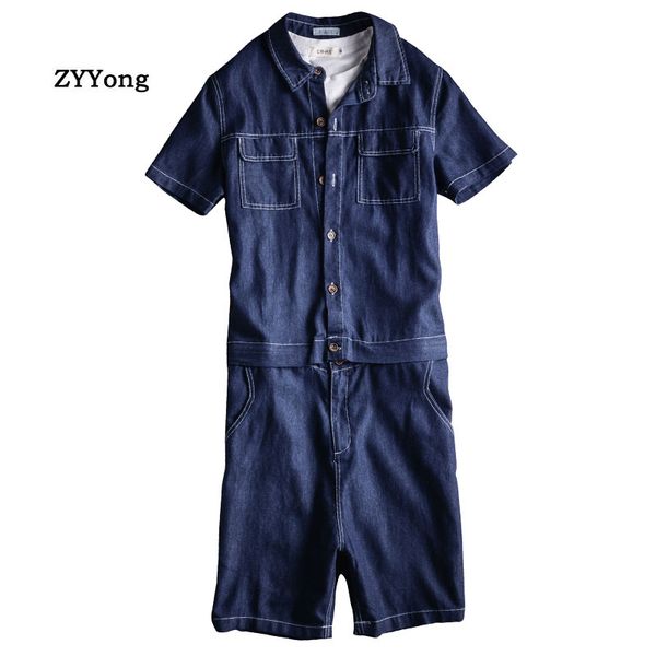 

summer men jeans jumpsuit short-sleeved knee length overalls detachable waist hip-hop denim shorts black freight cargo pants, Blue