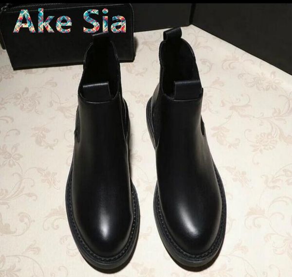

2018 new thick with the round short round boots flat boots british style shoes #222, Black