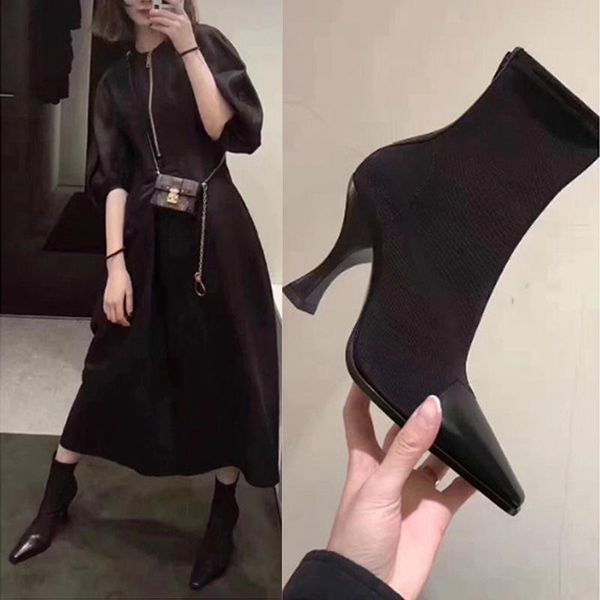 

2018 new winter ladies boots leather stitching high heel square stiletto low boots, Black