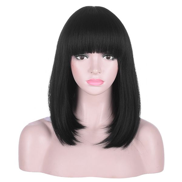

wigs 15 inch human hair short human hair lace front wigs with bangs natural heat resistant synthetic hair women black