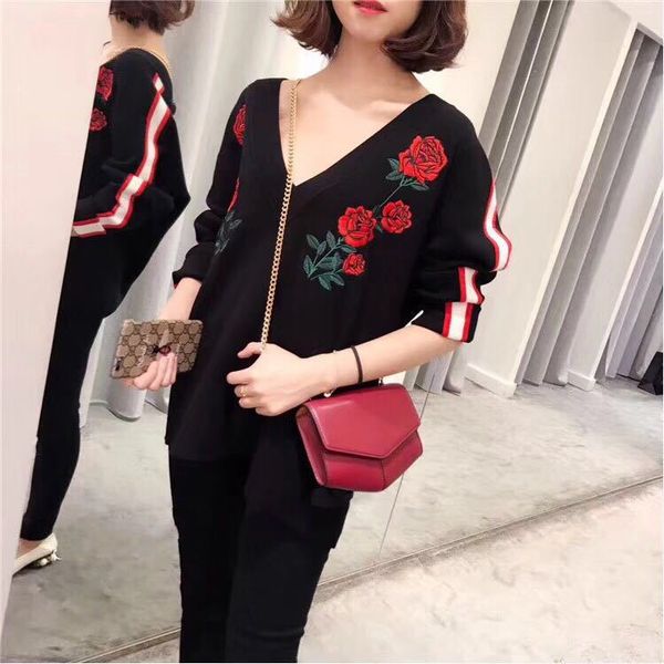 

women sweater v-neck wool sweater rose embroidery knitted, White;black