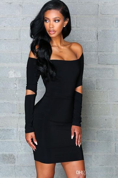 

women designer bodycon dress solid color slash neck dresses long sleeved spring clothes, Black;gray