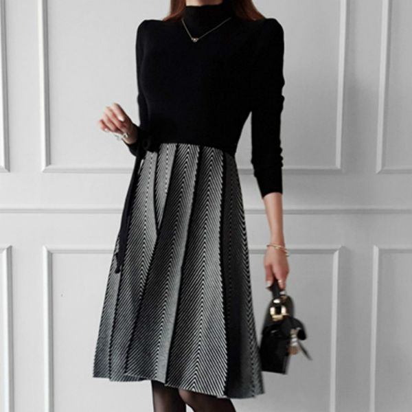 

winter sashes knitted women cloth color patchwork swing pleated knee-length casual sweater dresses, White