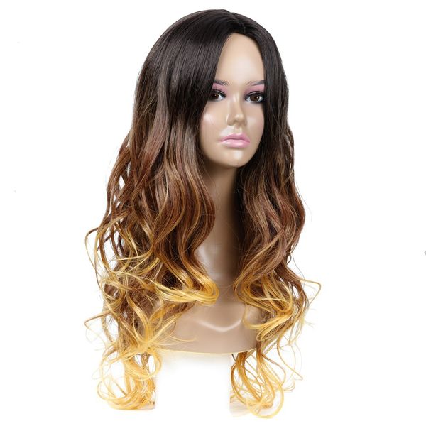 

european american women wig ladies gradient artificial long hair curly wig length 60cm 24inch fit for head circumference 57cm 23inch, Black