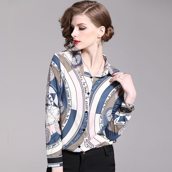

Новый 2019 Spring Runway Грейс моды печати воротник OL женщин Ladies вскользь Управление кноп