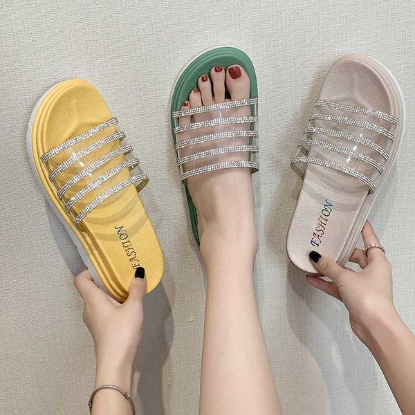 

med female shoes slippers women summer luxury slides jelly flip flops 2020 flat rubber designer glitter soft pu crystal flat, Black