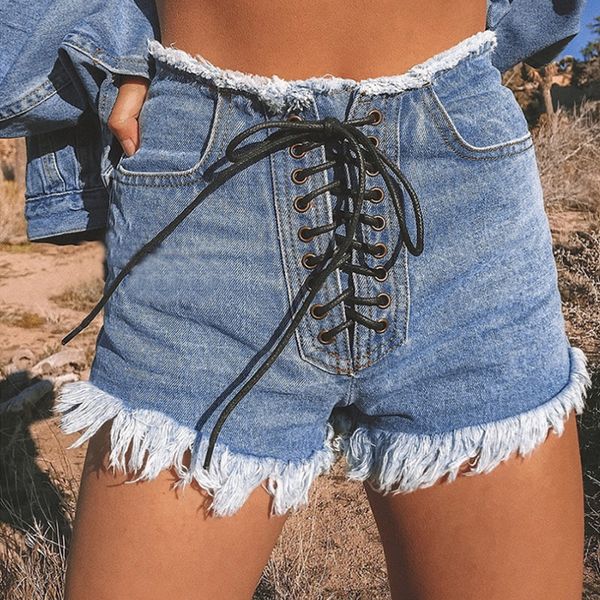 

chuangjing casual summer women 2019 new high drawstring tassel jeans shorts ladies streetwear party club jeans shorts, White;black