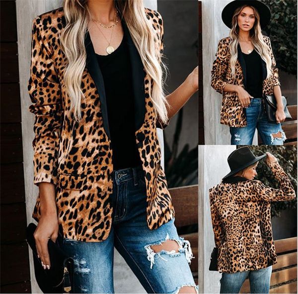 

womens leopard ol casual blazers woman autumn fashion lapel neck long sleeve pocket suits women clothes, White;black