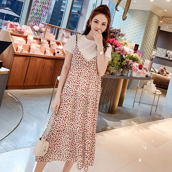 

623# t shirt + dress maternity clothes loose stylish short sleeves two-piece dress for pregnant women mom, White