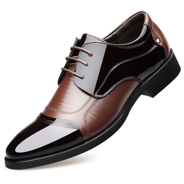 

men patent leather dress shoes autumn male formal business lace up flats man low heels pointed toe breathable zip footwear, Black