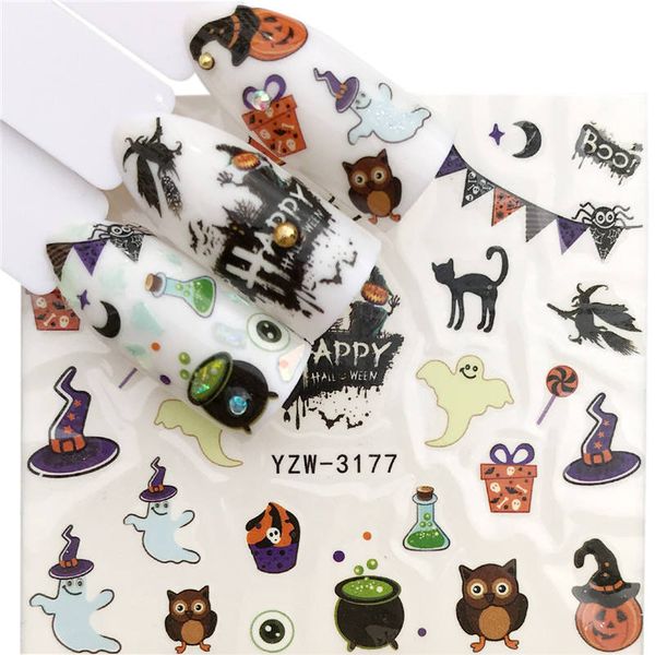 

ywk 1 pc halloween water transfer nail sticker cat/pumpkin/witch hat water decals nails art manicure decoration sliders, Black