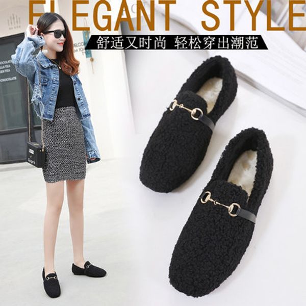 

fall and winter 2019 new sueded women's shoes with cotton warm snow floss shoes flat-soled bean lady, Black