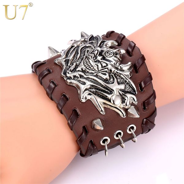 

u7 punk monster fashion cuff leather bracelet for women men jewelry stainless steel cuff black brown wrap bracelets h880, Golden;silver