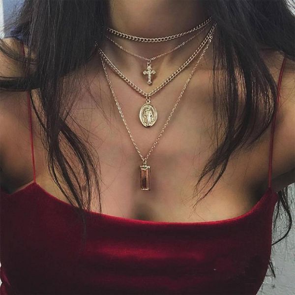 

retro women square cross virgin mary pendant chain necklace gold multilayer clavicle necklace exquisite set combination, Golden;silver