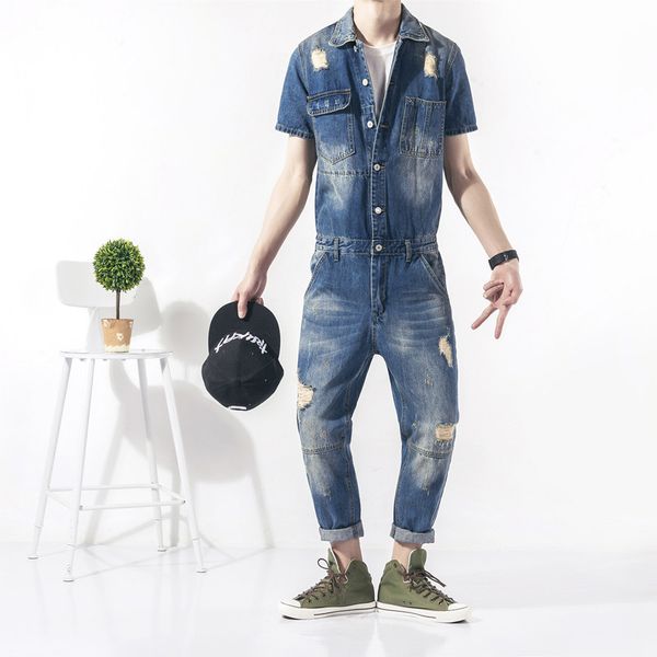 

2019 european and american fashion street stlye denim jumpsuit men's casual retro tooling trend denim overalls, Blue