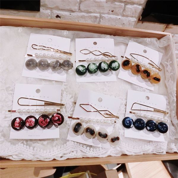 

sale 3pc acetic acid round geometric hair clips hairpins pearl colorful beads barrettes girls hair grips accessories