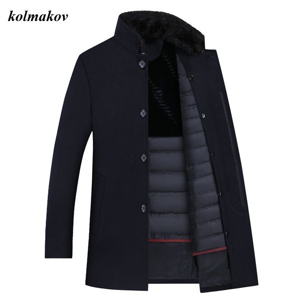 

new style men boutique woolen coat business casual solid detachable fur collar and down coat liner men trench woolen m-3xl, Black
