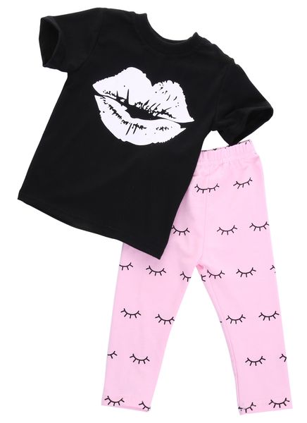 

2pcs baby set newborn infant kids baby girls clothes set big lip black t-shirt +pink eyelash pant outfits clothes set 0-4y, White