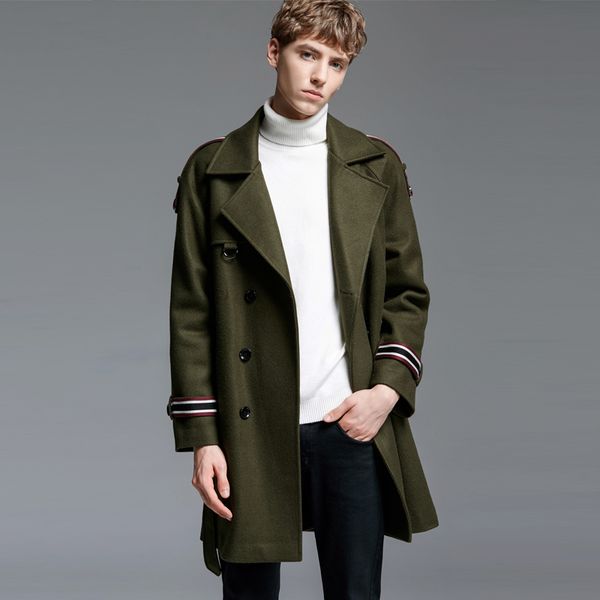 

oln mens coats luxury wool double breasted thick mens jackets and coats autumn winter army green long style man trench, Black