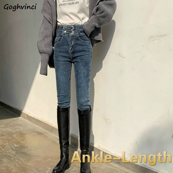 

high waist skinny jeans women chic leisure pencil denim trousers solid slim womens all-match ankle-length simple, Blue
