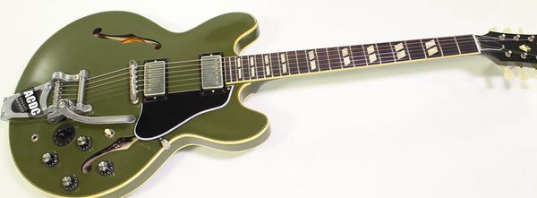 

custom 1964 es 345 reissue olive drab green 2018 semi hollow electric guitar bigs tailpiece, varitone knob, abr-1 bridge, nickel hardware