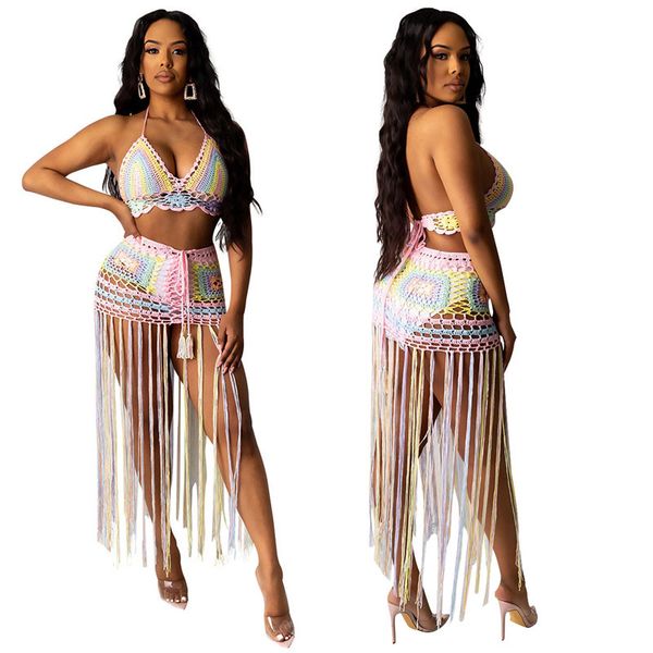 

cover-ups 2021 knitted crochet bikini cover up summer dress long tassel bra and skirt beach lace see through beachwear