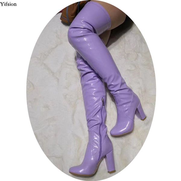 Rontic Donna Inverno Stivali sopra il ginocchio Stivali quadrati Tacchi alti Bella punta tonda Splendide scarpe da festa viola Donna Taglia USA 5-15