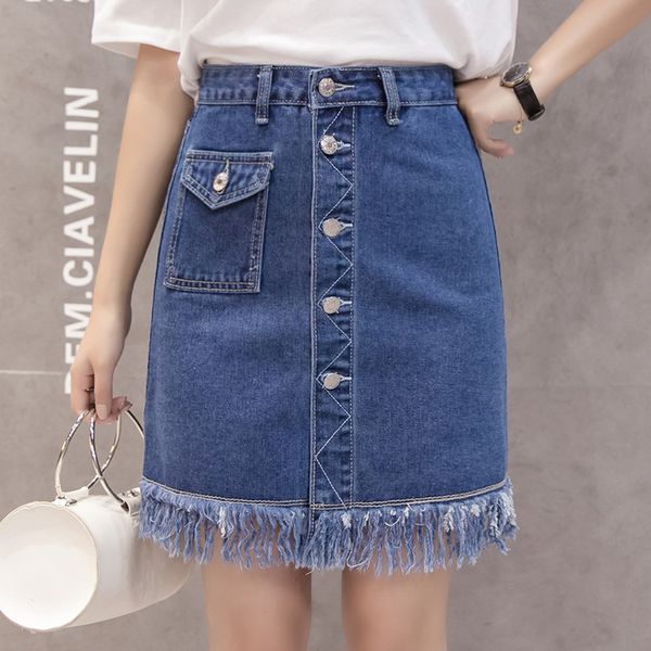 

summer skirts blue denim female skirts woman single breasted empire waist, Black