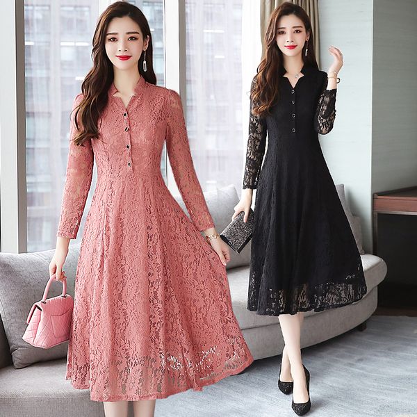 

2018 autumn winter new 4xl plus size vintage lace midi dresses women bodycon korean black dress long sleeve runway vestidos y190426, Black;pink