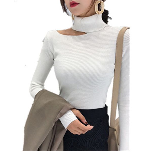 

half high collar bottoming shirt off shoulder sweater female senseless off shoulder small knit leak clavicle, White;black