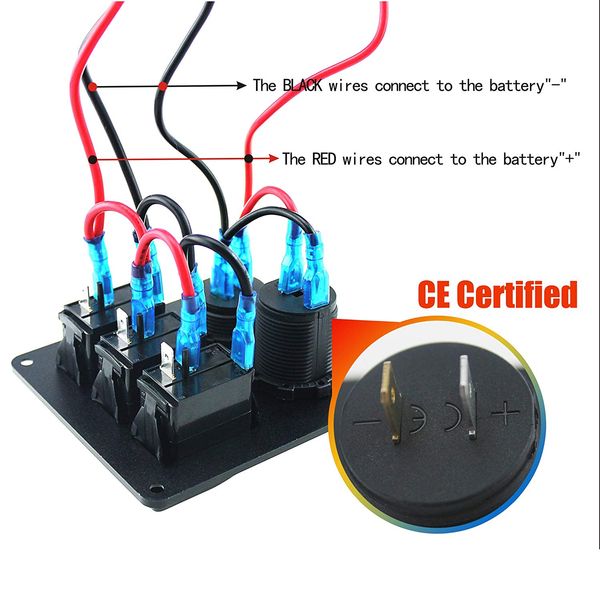 

3gang rocker switch panel with power socket 3.1a dual usb wiring kits for marine boat car rv vehicles truck blue led