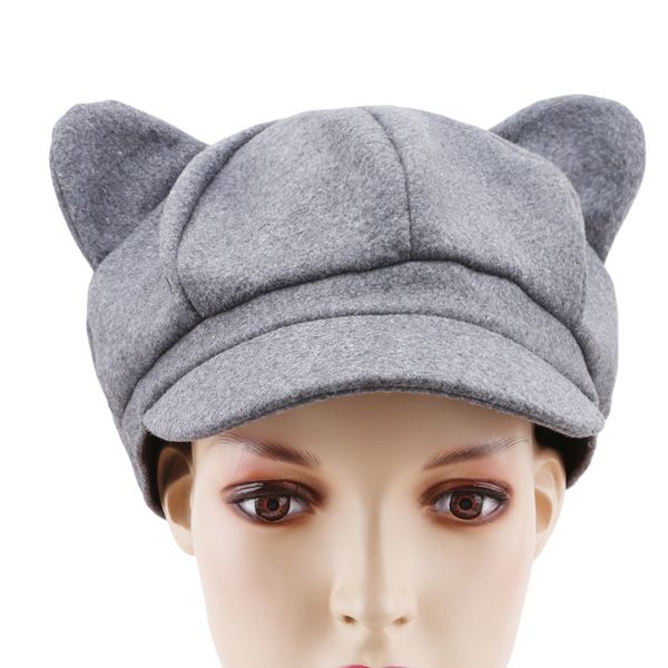 

autumn winter hats korea fashion women newsboy caps cat ear octagonal cap for women solid plain woolen felt painter newsboy cap, Blue;gray